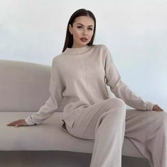 秋冬ロシア長袖ゆったりカジュアル長ズボンセーターセット女性クロスボーダー欧米热い贩売オープンフォークセット