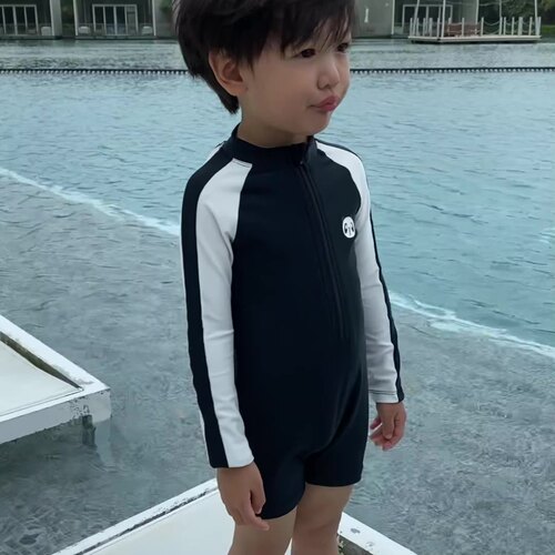 Children's swimsuit boy's long-sleeved sunscreen quick-drying one-piece hot spring baby boy baby handsome Korean swimsuit for middle-aged and small children