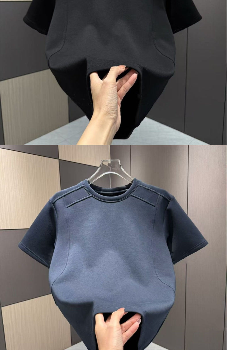 T-shirt homme décontracté à col rond texturé, coupe ample, manches courtes, style simple, idéal pour le printemps/été._voghion.com