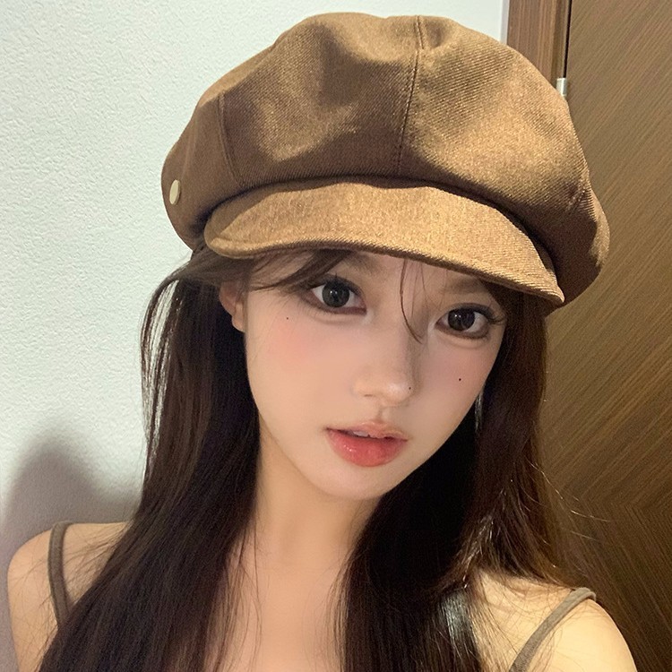 简约咖色贝雷帽女春秋日系复古百搭八角帽大头围显脸小画家帽子潮|undefined