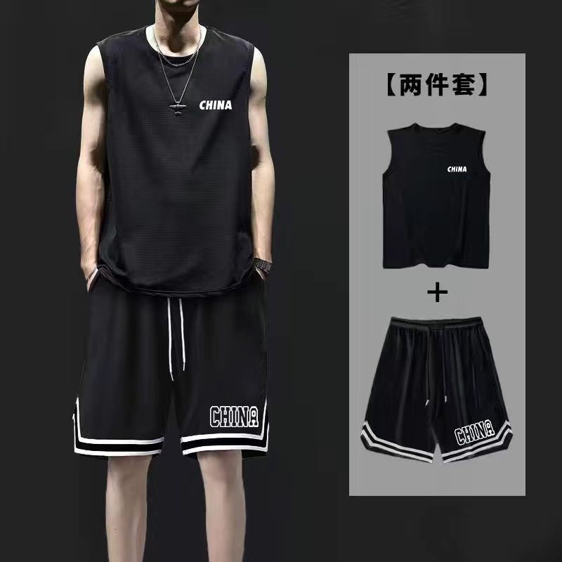 アイスシルクスポーツベストショーツスーツメンズ夏ランニングフィットネス大きいサイズ速乾性ノースリーブベストバスケットボールルーズ|undefined
