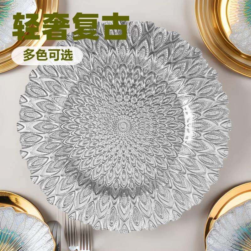 European style large crystal glass fruit plate snack plate green large feather plate living room candy plate round flat plate