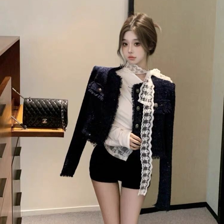 三件套女2025早秋季新款富家千金小香风蓝色外套T恤上衣黑色短裤|undefined