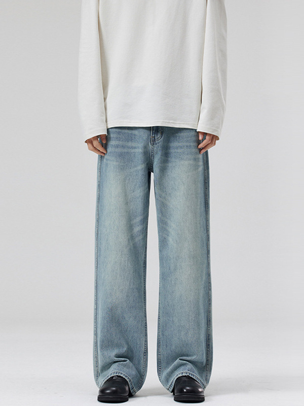 LKTM Men's Wear # Jeans de barba de gato lavados azul claro de primavera y verano para hombres y mujeres pantalones rectos sueltos de moda