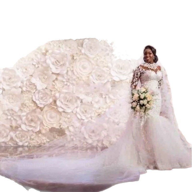 Vestido de noiva elegante estilo sereia com cauda longa – Cintura alta, manga comprida, branco puro para um look atemporal_voghion.com
