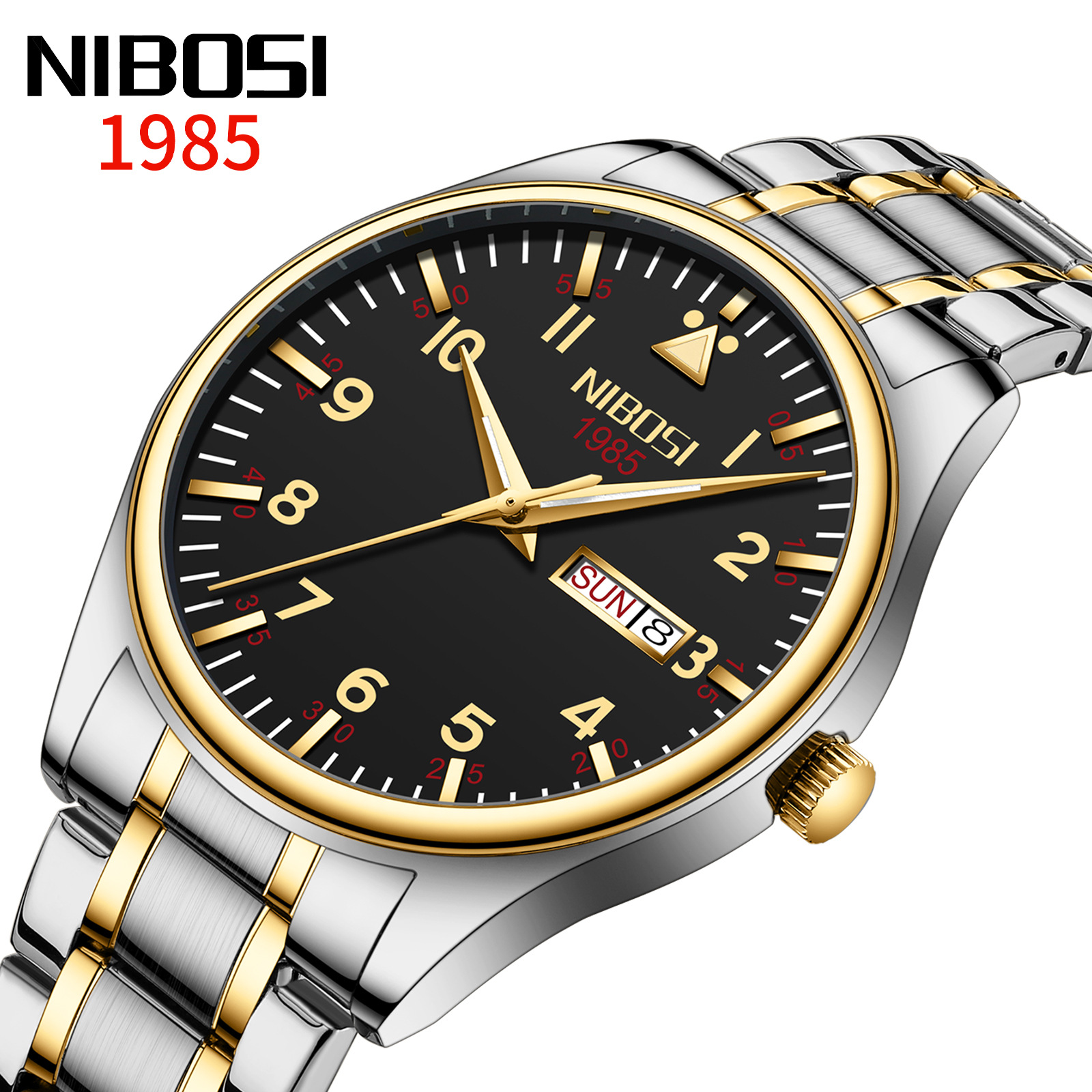 NIBOSI时尚经典双日历学生用手表夜光防水钢带电池男表