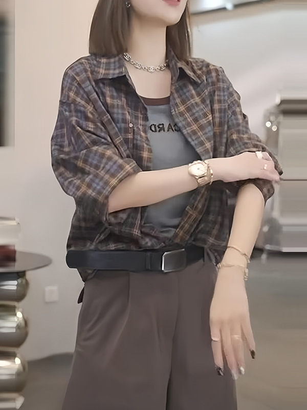 时尚复古高级感格子衬衫女士早秋2025新款气质百搭Polo领长袖衬衣|undefined