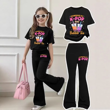 猎魔女团 KPOP 跨境批发女童喇叭裤套装 春夏秋季时尚女孩T恤套装
