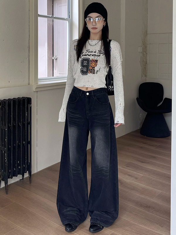 黑灰复古阔腿牛仔裤女秋季新款高腰宽松显瘦百搭垂感直筒拖地裤潮|undefined