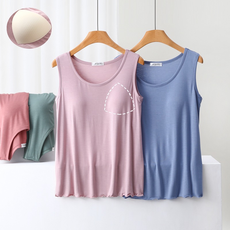 春夏新款莫代尔胸垫背心女吊带内衣带胸垫一体免文胸睡衣夏家居