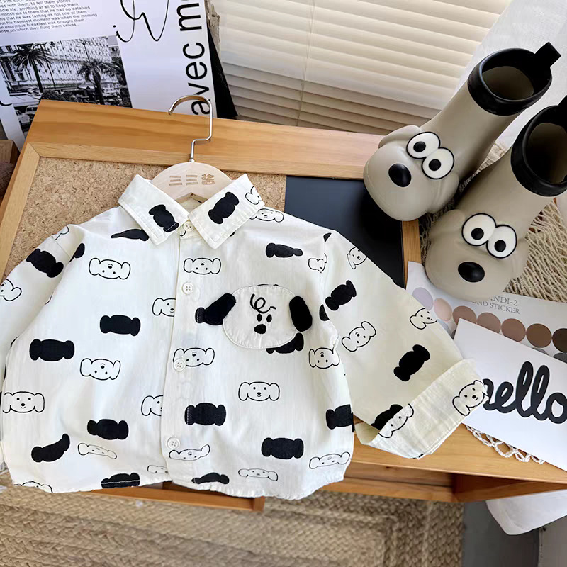 Boys' white printed cartoon collar shirt, children's clothing, baby's 3D ear long-sleeved shirt, girls' autumn top