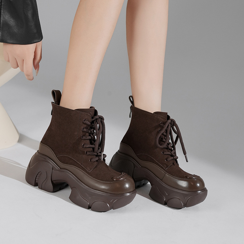安可拉复古马丁靴2025新款内增高磨砂皮休闲靴子女系带显脚小短靴