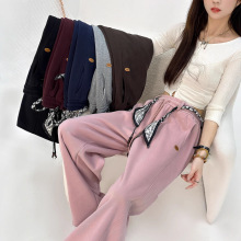 新款2025弯刀冬季加绒裤高腰休闲丝巾卫裤直筒裤女运动裤宽松长裤