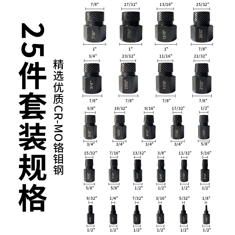 25-piece set hexágono tornillo extractor multi-Spline dañado deslizante de alambre deslizante diente roto cabeza perno herramienta de eliminación