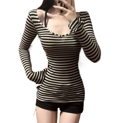 Gentle Wind Striped Long-Sleeve Women's Spring Top for Layering, Slim-Fitting Base Shirt with Unique Design, Exquisite and Stunning Upper Body Top