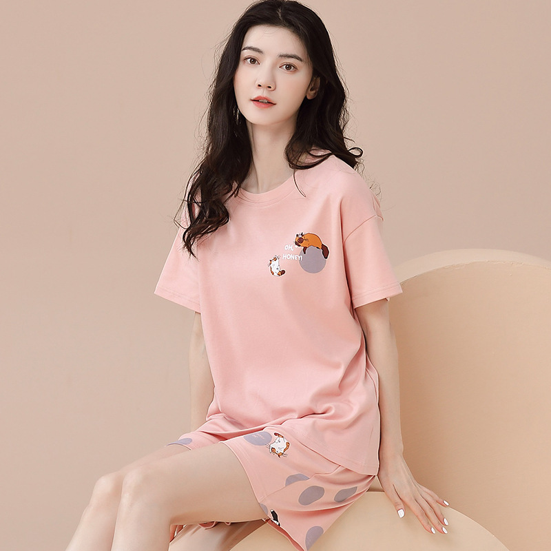 100% Cotton Pajamas Women's Summer Pure Cotton Thin Round Neck Short Sleeve Shorts Cute Summer Pure Cotton Home Clothes suit