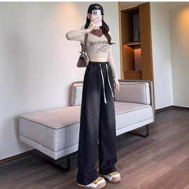 中学生大童一体绒直筒牛仔裤女秋冬大码加长高个子羊羔绒裤子特厚