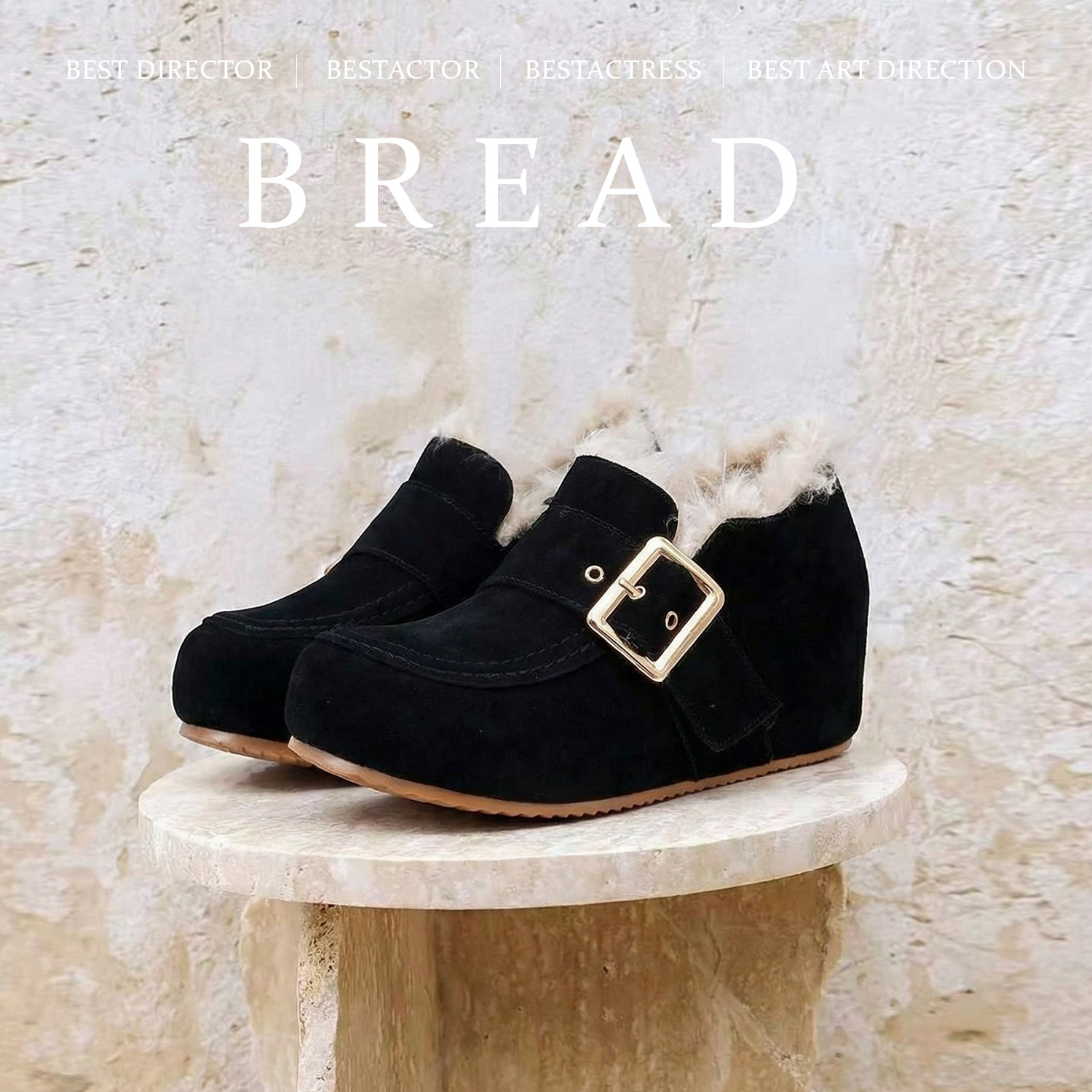 Giày lười nữ da nubuck lót lông mùa đông, đế mềm tăng chiều cao — màu đen