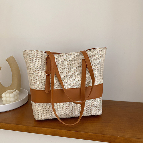 2024 Summer New Casual Woven Shoulder Grass Weave Bag Simple Trendy Handheld Tote Bag for Women Large Capacity Bag