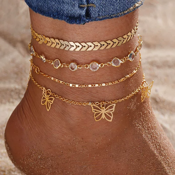 Cross-Border European and American Anklet Set Hollow Butterfly Pendant Anklet Fashion Simple Chain Anklet Hawaiian Beach Chain