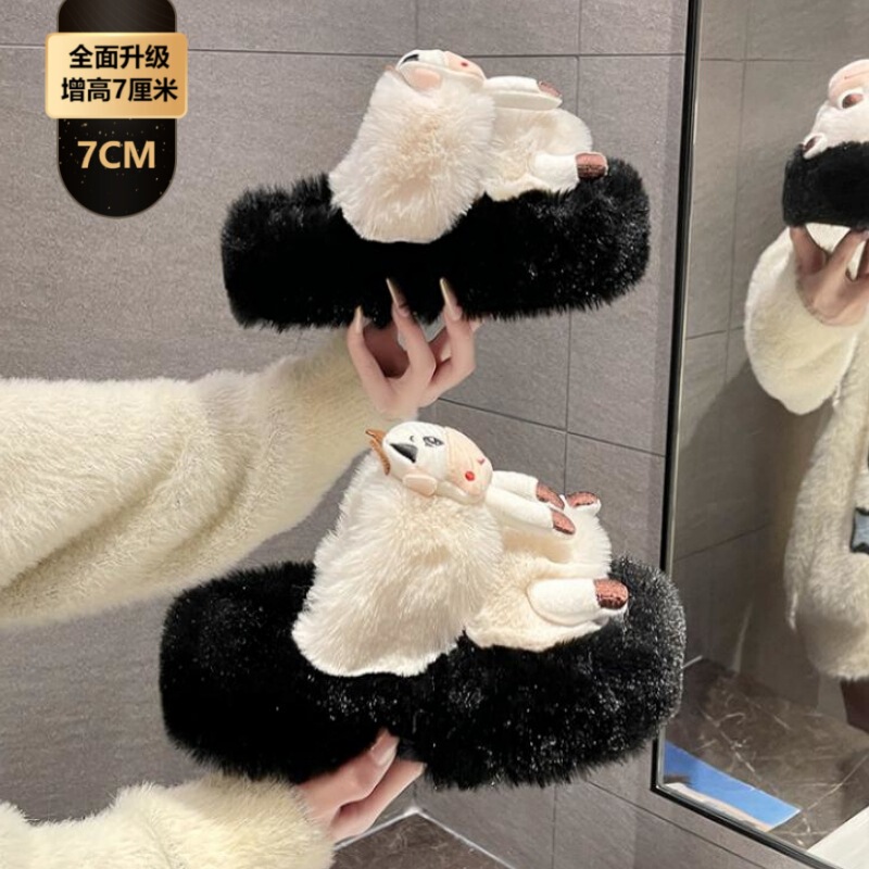 女性用7CM厚底身長増加ファーフロップスリッパ、2025秋冬新作漫画カエルホームコットンスリッパ|undefined