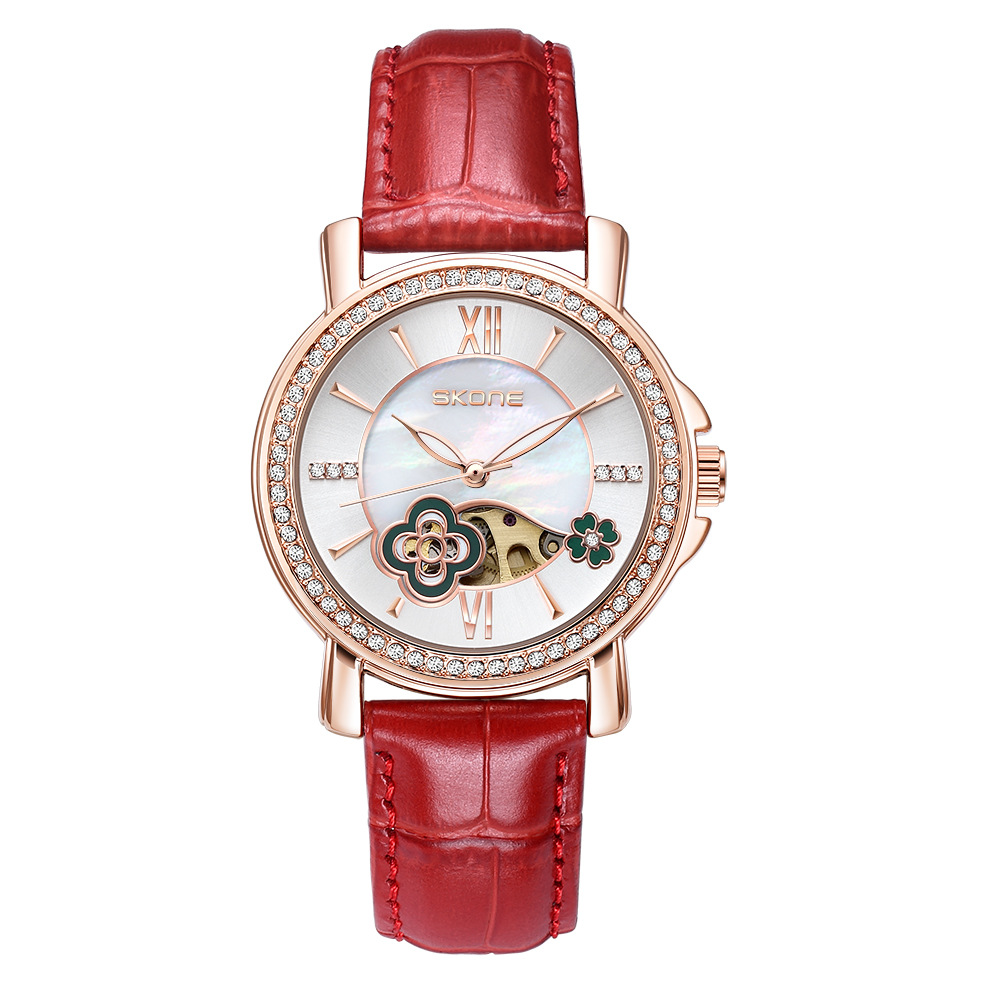 SKONE/space-time new watch women's fashion four-leaf hollow automatic mechanical watch belt waterproof girls' watch