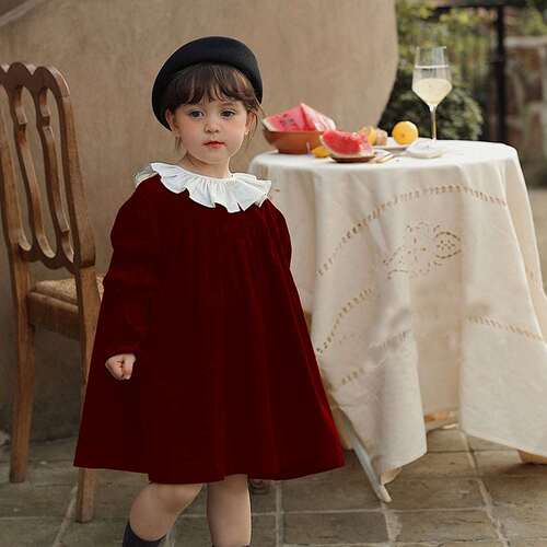 Girls 'retro corduroy lace collar bubble sleeve dress
