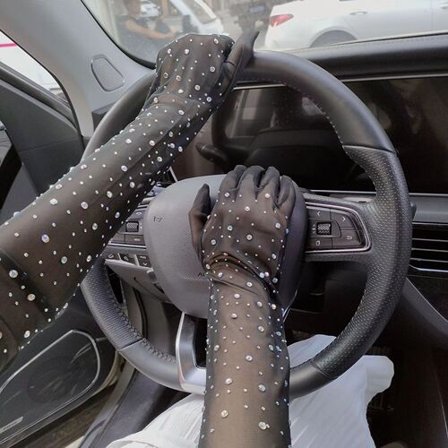 Net mesh water drill full finger extended gloves for women, black thin dress party sexy travel photography arm sleeves performance