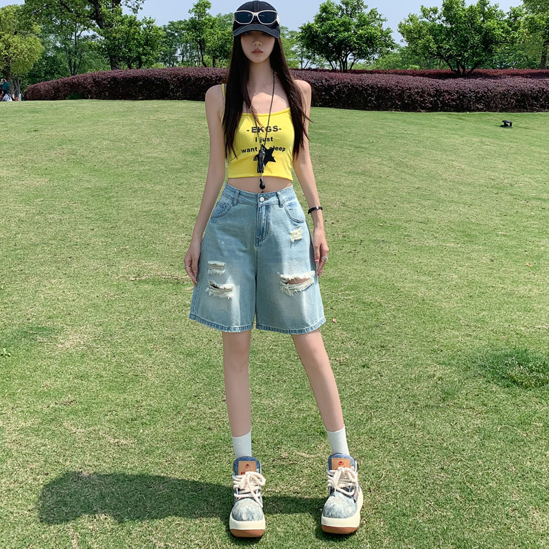 Fashion Street Trendy Cool Summer New Five-Point Shorts Ripped Jeans Women's Mid-Length Slimming Wide-Leg Straight Pants