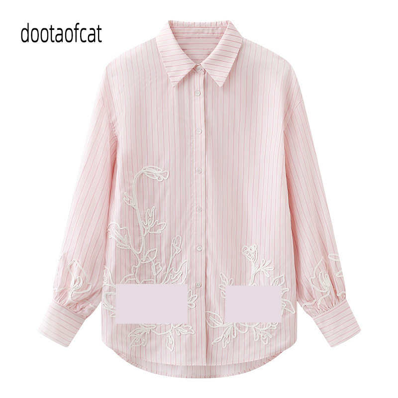 2026 Spring New Women's Floral Embroidery Lantern Sleeve Oversized Striped Shirt Top Wbl125P1 2026 Spring New Women's Floral Embroidery Lantern Sleeve Oversized Striped Shirt Top Wbl125P1