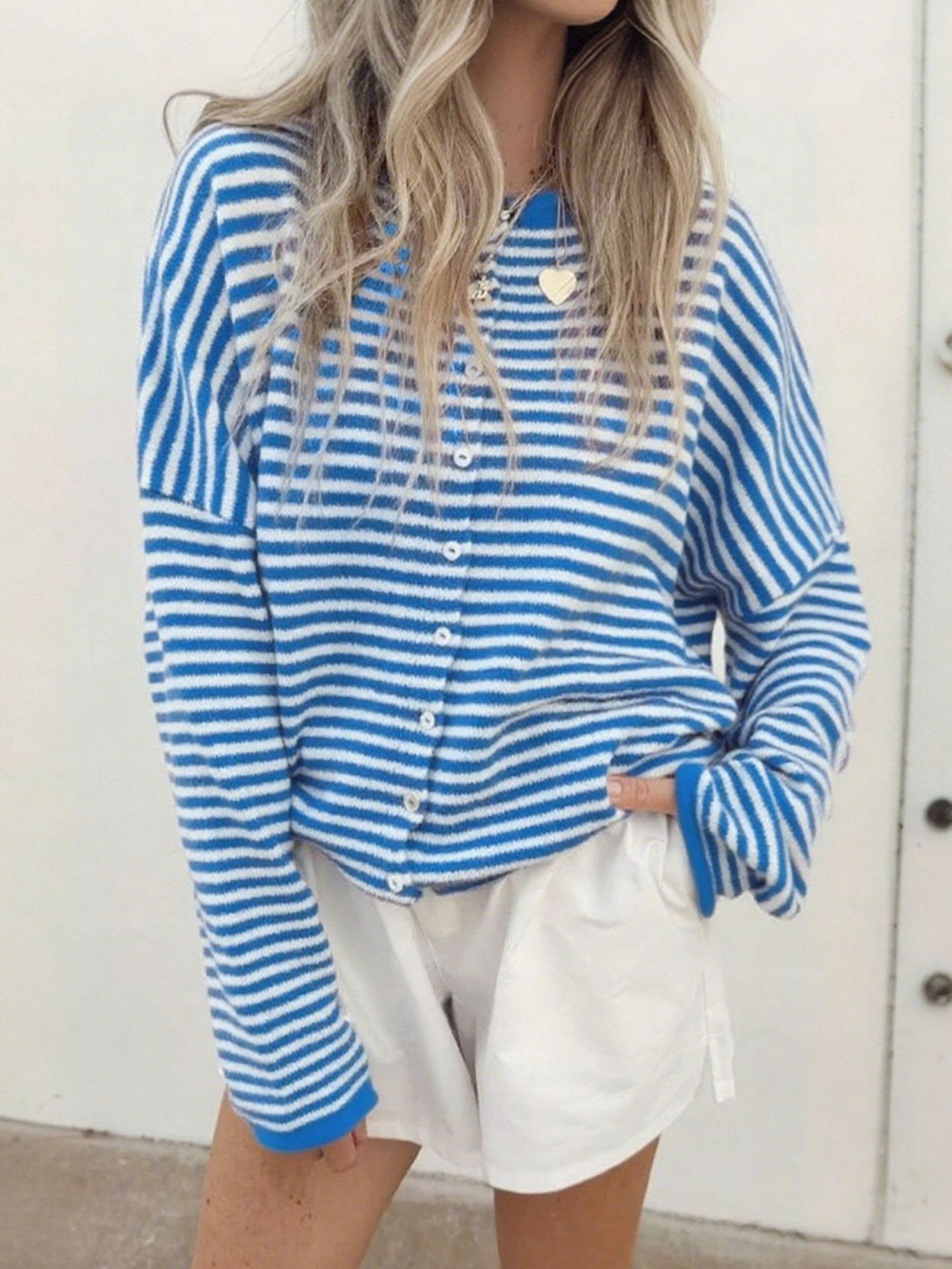Women's Knit Striped Cardigan Casual Long Sleeve Round Neck Button Sweater Autumn Winter American Style Acrylic Polyester_ecoleips.com