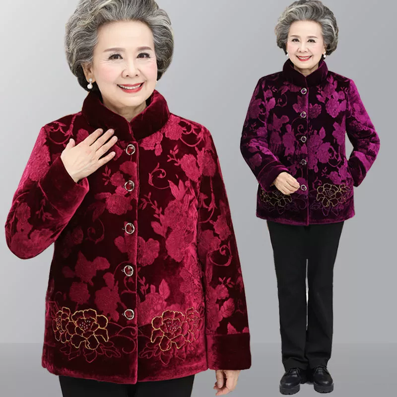Зимняя одежда для бабушек, утолщенная хлопковая подкладка на флисовой подкладке, одежда для женщин среднего и пожилого возраста, костюм матери Тан, пальто на хлопковой подкладке, теплое пальто на хлопковой подкладке, пальто