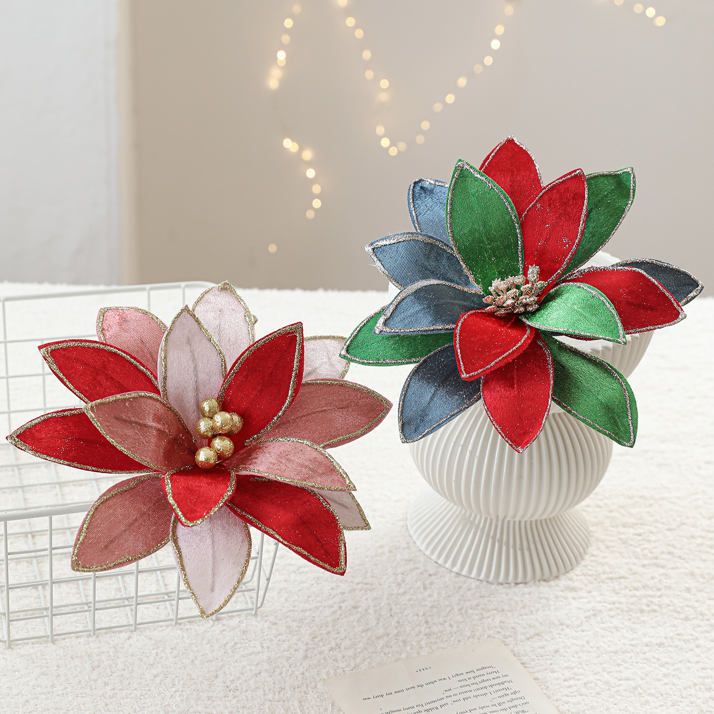 Nuevos productos de tela de alta calidad Phnom Penh flores de Navidad lujosas coloridas flores de Navidad decoraciones de flores de imitación en stock