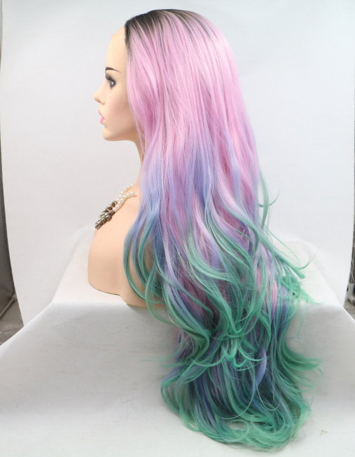 Peluca de tres colores rosa, azul y verde, peluca rizada, encaje frontal de fibra química, cabello largo y rizado, cabello largo de encaje europeo y americano LW0258