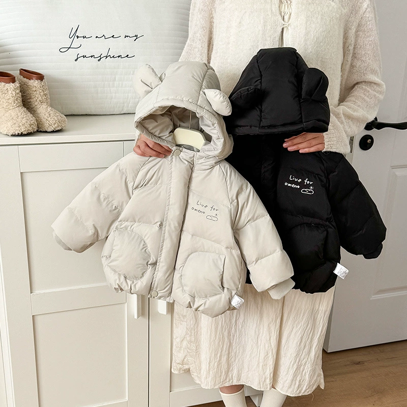 Детский пуховик 2025 года, зимний стиль для мальчиков и девочек, верхняя одежда из белого утиного пуха, одежда для младенцев, средней длины, категория А
