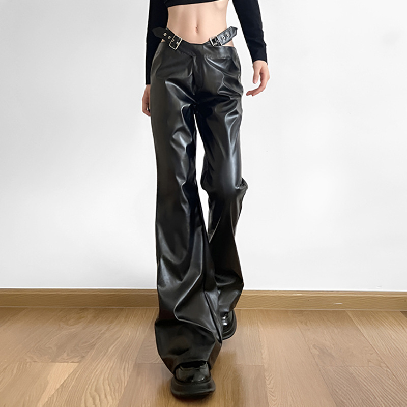 Dark Style Buckle Waist Hollow-Out Pu Leather Casual Pants for Women 2025 Autumn European and American Low-Waist Straight Pants New Leather Pants Dark Style Buckle Waist Hollow-Out Pu Leather Casual Pants for Women 2025 Autumn European and American Low-Waist Straight Pants New Leather Pants
