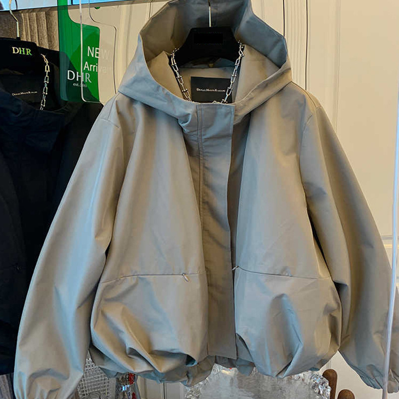 Khaki Jacket for Women, New Spring Style, Stylish and Versatile Hooded Windbreaker, Loose Outdoor Jacket A7663