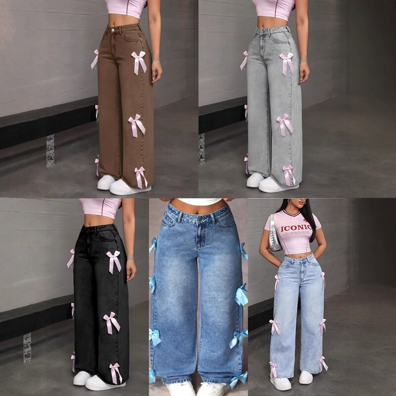 Cross-Border Amazon Bestseller 2 Street-Style Spicy Girl Bow Patchwork Washed Denim Jeans European and American Straight-Leg Pants