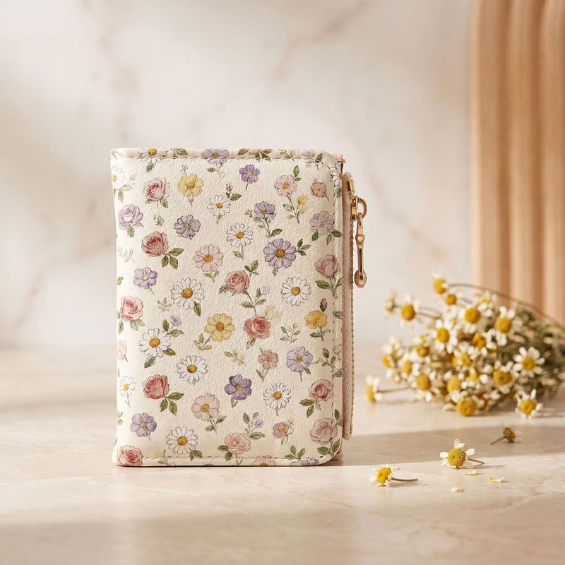 Original Pastoral Floral Pu Short Wallet for Women, High-Definition Digital Print, Multi-Card Slots, Zipper Card Holder, Coin Purse Wholesale