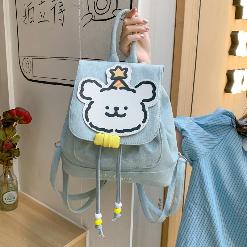 韩版轻便通勤小型卡通包包女生出游双肩包包高级感牛仔布迷你背包