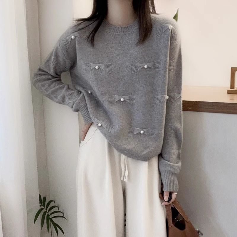 欧货圆领长袖套头毛衣女秋冬季蝴蝶结高级设计感气质百搭针织衫女|undefined
