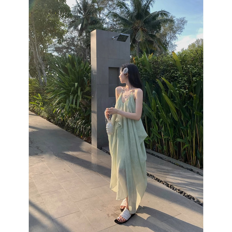 Ouyang Tencel V Neck Halterneck Suspender Dress Women's Summer New Long Skirt French Holiday Long Skirt