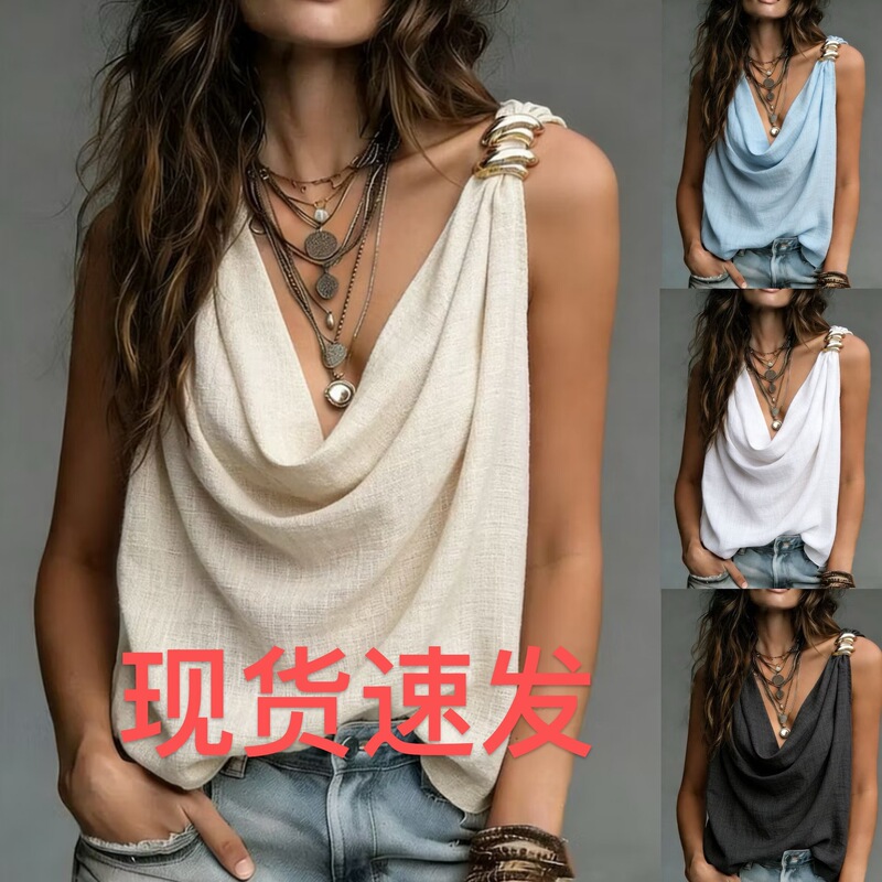 2026 New Summer European and American Cross-Border Foreign Trade Amazon Swing-Neck Vest with Metal Decoration Sleeveless Women's Top