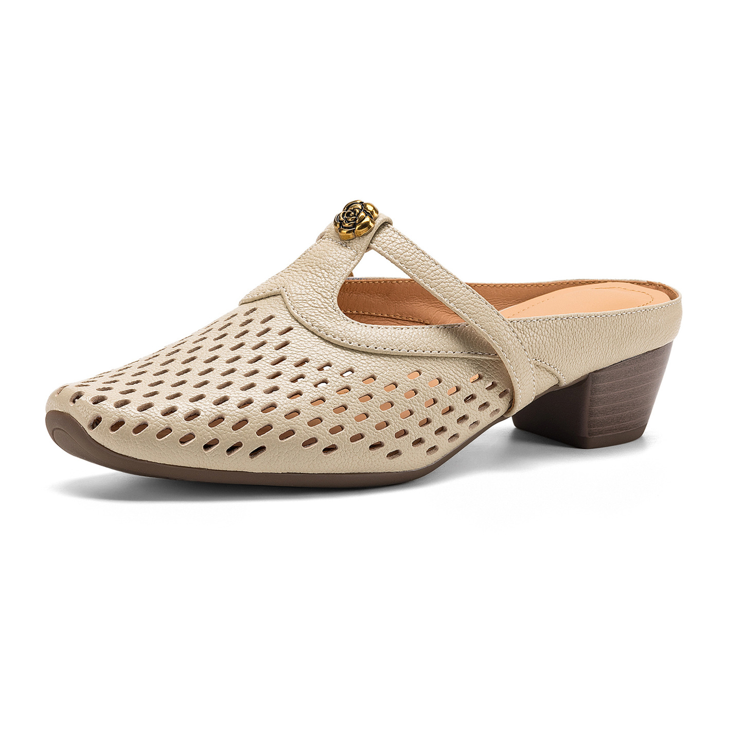 Dép sandal nữ quai chữ V da dê, gót thấp 3,5 cm, mũi kín hở gót — màu trắng ngà