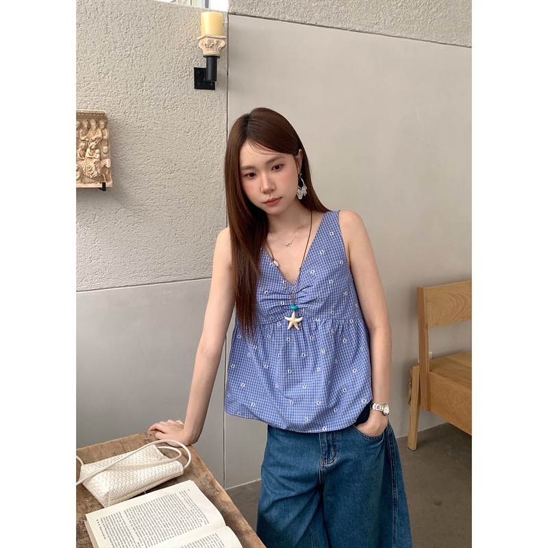 Yier Shirt Blue Beach V-Neck Sleeveless Pure Desire Hot Girl Loose A-Line Shirt Women's Blouse Summer Ye0157 Yier Shirt Blue Beach V-Neck Sleeveless Pure Desire Hot Girl Loose A-Line Shirt Women's Blouse Summer Ye0157