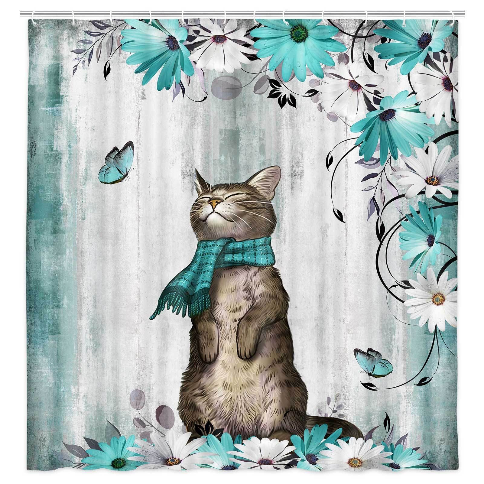 Divertida cortina de baño valiente gato sostiene tridente flecha montar tiburones en las olas ballenas gatos cortina de baño conjunto baño