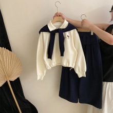 韩版女童卡通喵咪披肩POLO上衣2025秋季新款百搭宽松休闲裤三件套