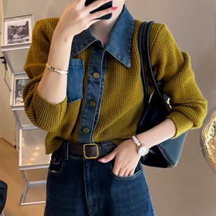 2025 Autumn and Winter Polo Collar Short Top Women's Fake Two-Piece Denim Collar Patchwork Tops Knitted Cardigan