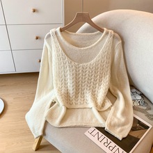 实拍2025秋装新款镂空吊带背心针织衫两件套女韩系纯欲毛衣套装
