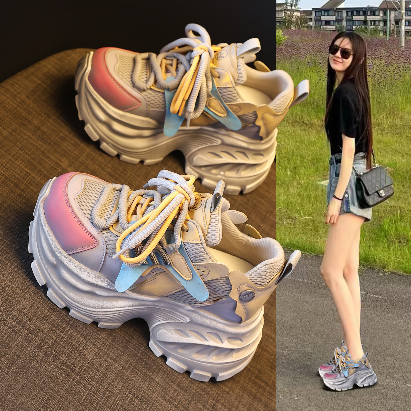 Giày sneaker nữ đế dày chunky lưới thoáng khí tăng chiều cao — màu sắc